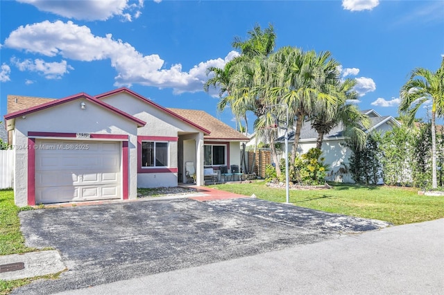 ranch-style home with a garage and a front lawn