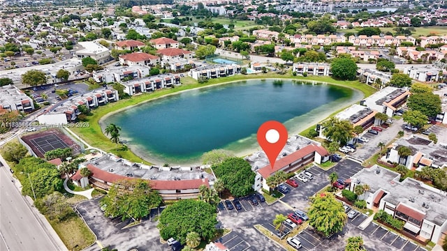 drone / aerial view featuring a water view