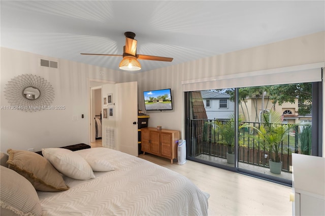 bedroom featuring a ceiling fan, light wood-type flooring, visible vents, and access to exterior