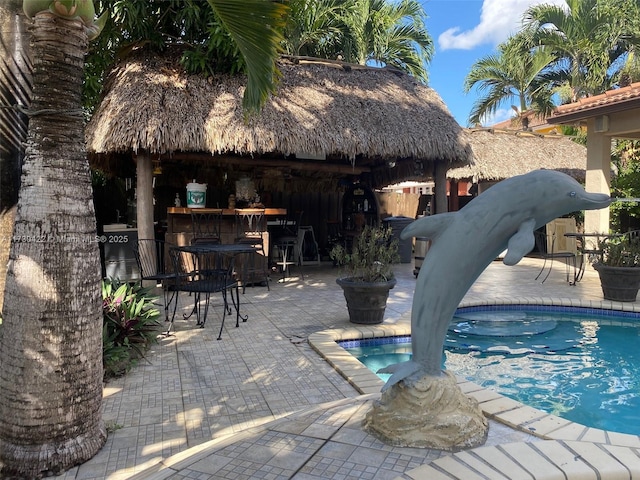 view of swimming pool with a patio area and a bar