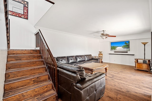 living room with hardwood / wood-style flooring, ceiling fan, and ornamental molding