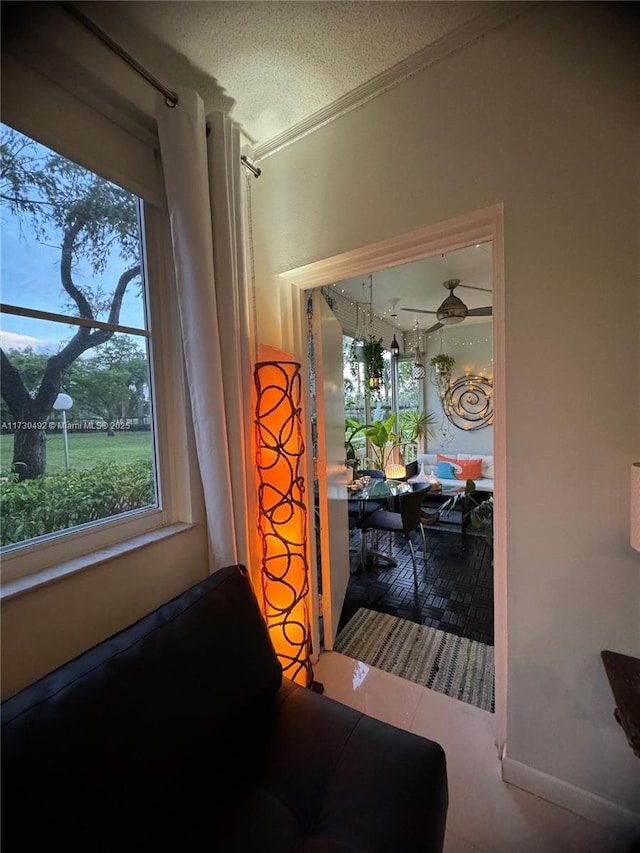 interior space with crown molding, a healthy amount of sunlight, and a textured ceiling