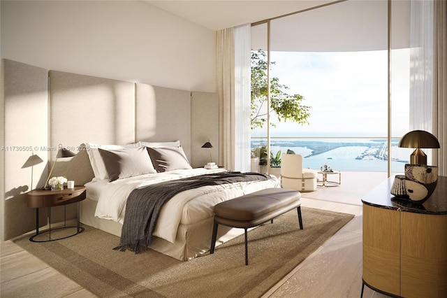 bedroom featuring expansive windows, a water view, access to outside, and multiple windows