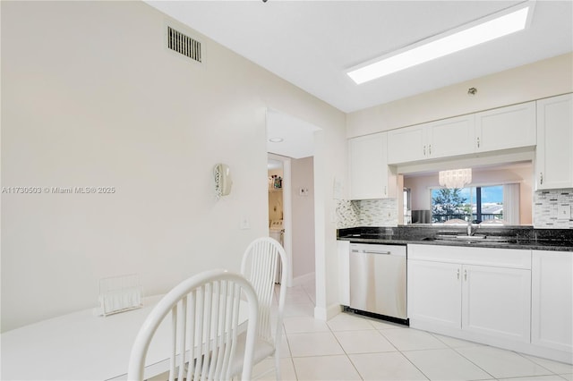 kitchen featuring sink, tasteful backsplash, dishwasher, and white cabinetry