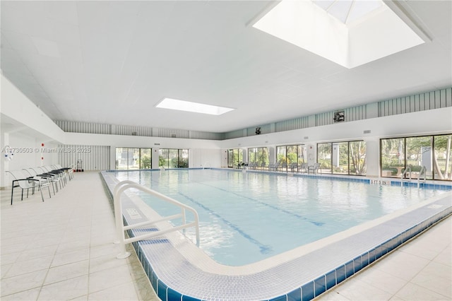 view of pool with a skylight