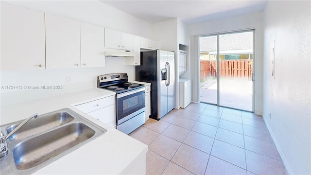 kitchen with under cabinet range hood, a sink, stainless steel appliances, white cabinets, and light countertops