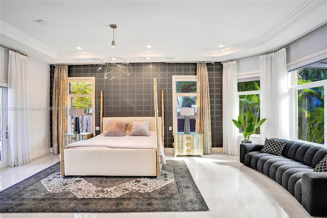 bedroom with a raised ceiling and tile walls