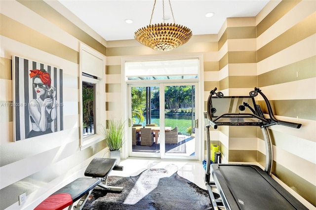 workout area featuring french doors