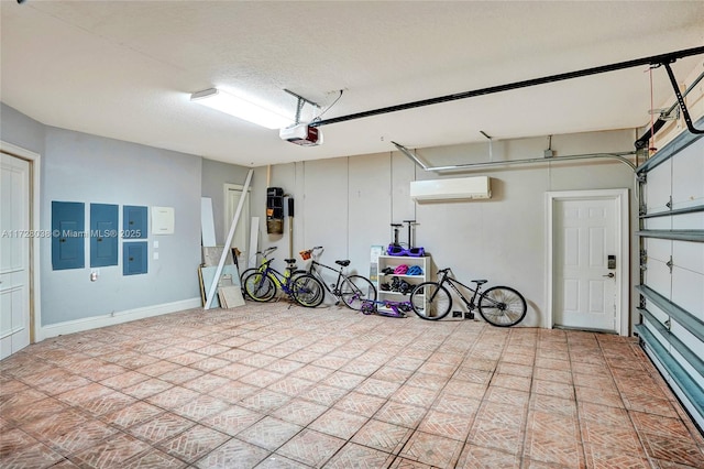 garage with an AC wall unit, electric panel, and a garage door opener