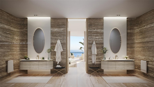 bathroom featuring vanity and a water view