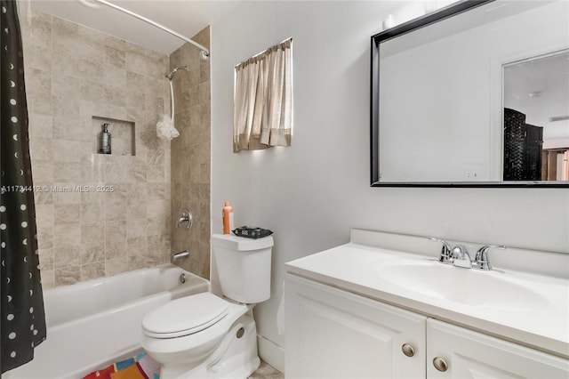 full bathroom with vanity, toilet, and shower / bath combination with curtain