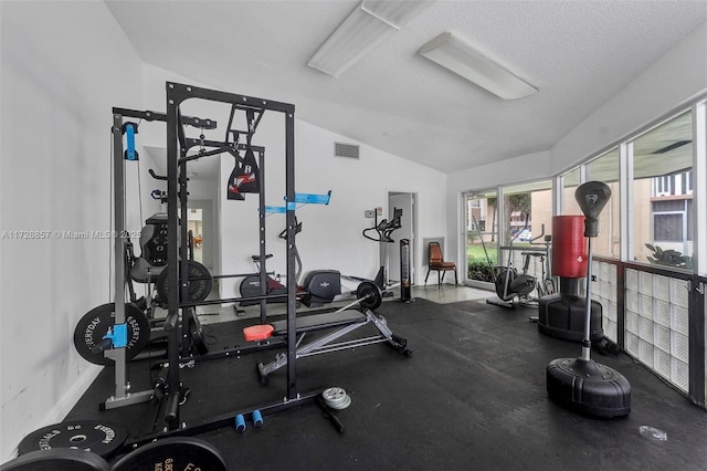 workout area featuring a textured ceiling and lofted ceiling