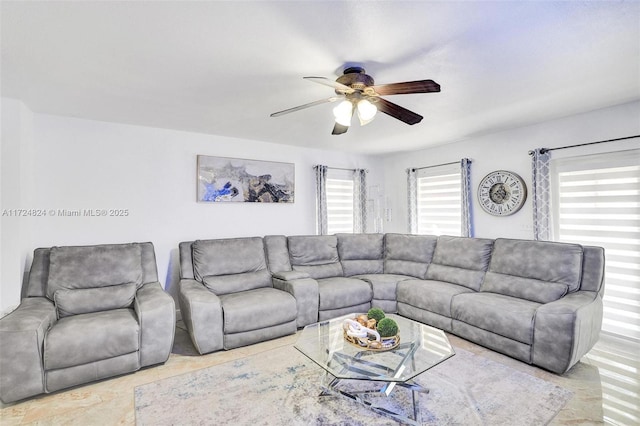 living room with ceiling fan