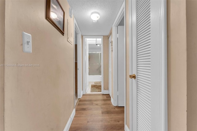 corridor featuring a textured ceiling and light hardwood / wood-style flooring