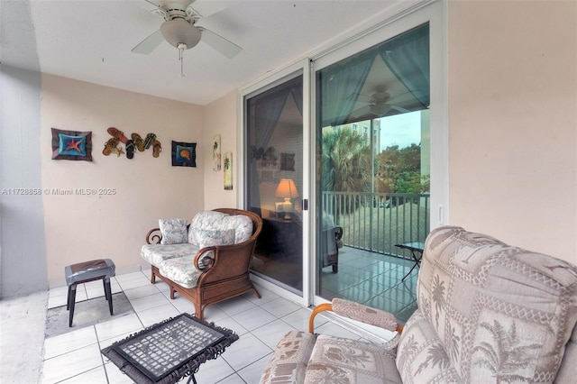 interior space featuring ceiling fan and light tile patterned floors