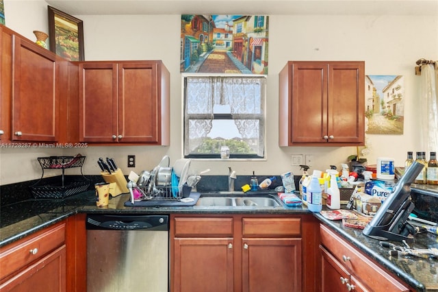 kitchen with sink, dishwasher, and dark stone counters