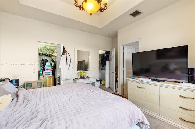 bedroom featuring carpet flooring and a raised ceiling