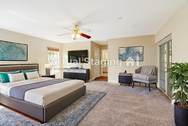 bedroom with light carpet, ceiling fan, and baseboards