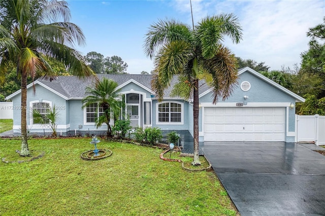 ranch-style house with a garage and a front yard