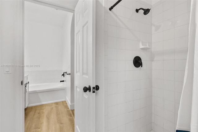 bathroom featuring hardwood / wood-style floors and a shower with shower curtain