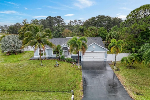 ranch-style home with a garage and a front lawn