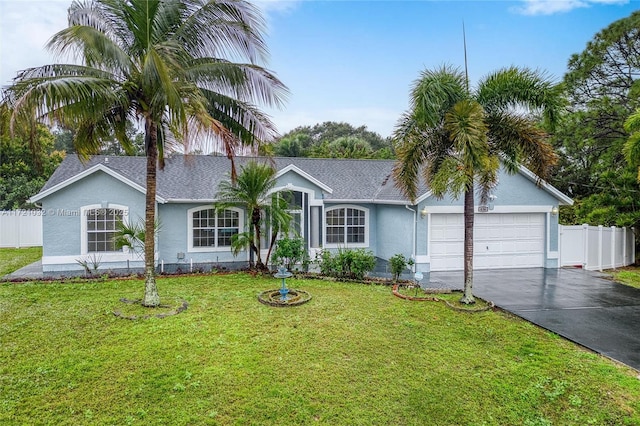 single story home featuring a garage and a front yard