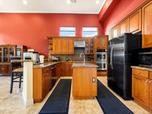 kitchen with a kitchen island with sink, stainless steel appliances, tasteful backsplash, light stone countertops, and ornamental molding