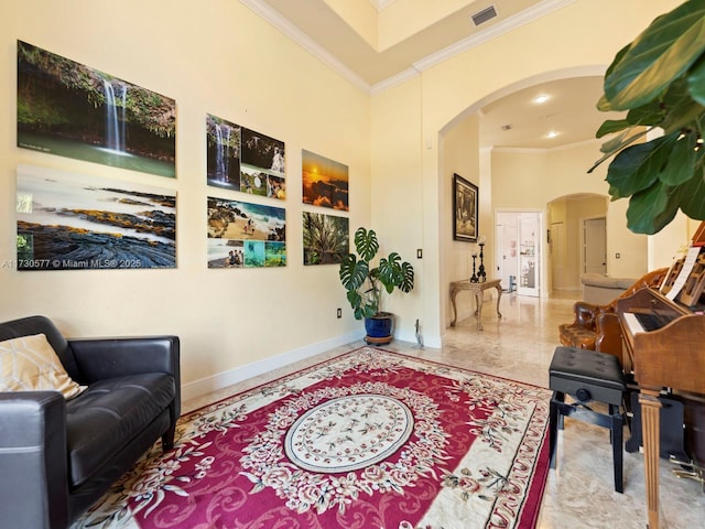 living area with crown molding and a high ceiling