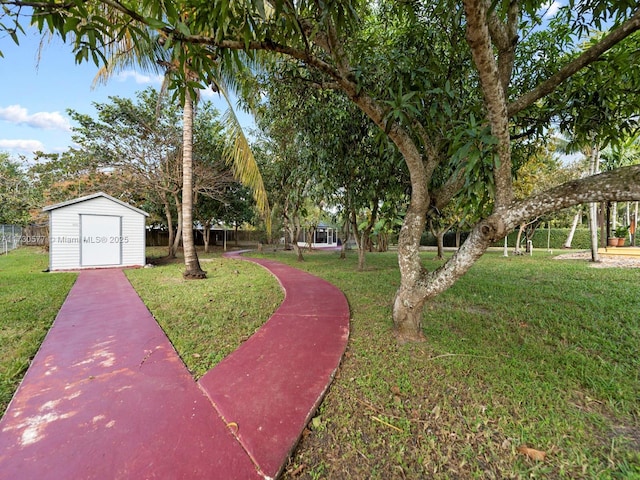 view of yard with a storage shed