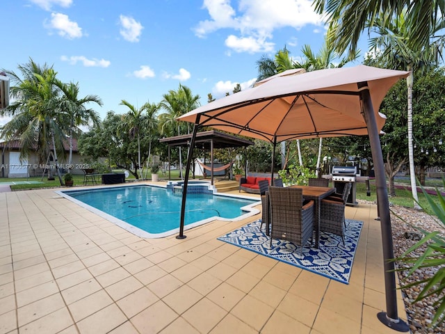 view of swimming pool with a gazebo, area for grilling, and a patio