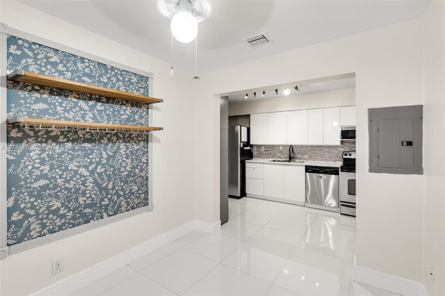 kitchen with tasteful backsplash, white cabinetry, sink, electric panel, and stainless steel appliances