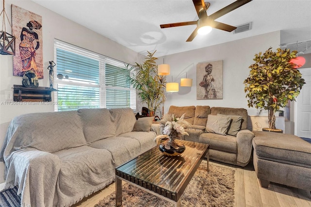 living room with ceiling fan and hardwood / wood-style floors