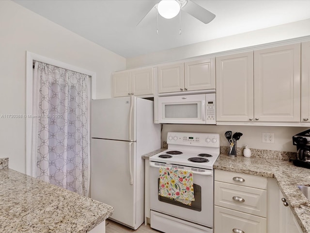 kitchen with white cabinets, ceiling fan, white appliances, and light stone counters