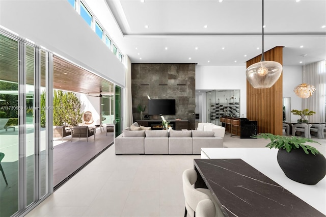 living room featuring light tile patterned floors