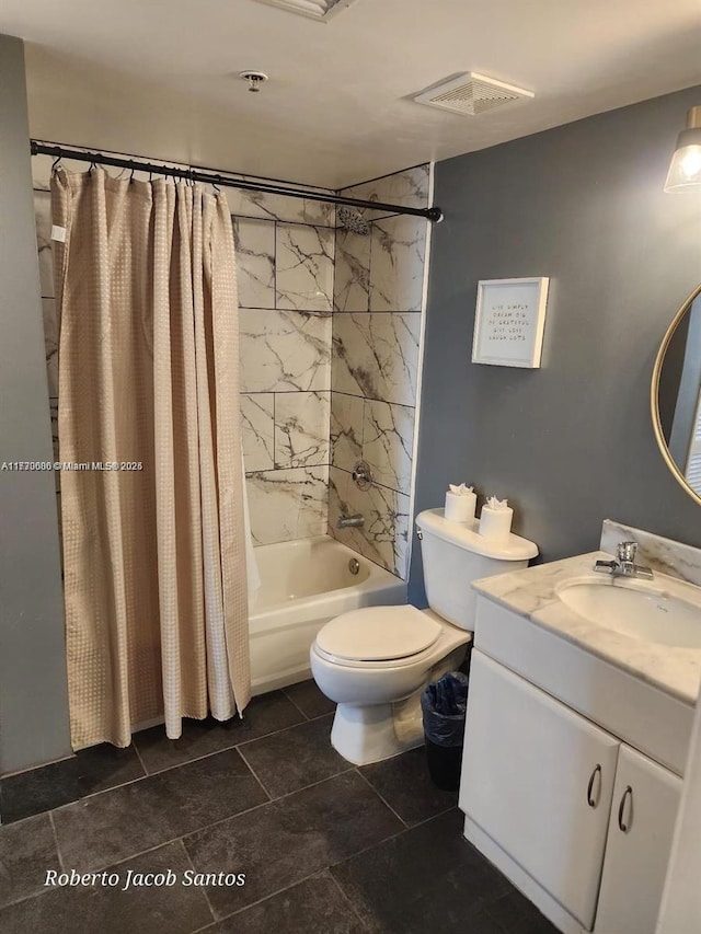 bathroom with toilet, shower / bathtub combination with curtain, visible vents, and vanity