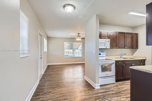 kitchen with hardwood / wood-style floors, sink, ceiling fan, dark brown cabinets, and white appliances