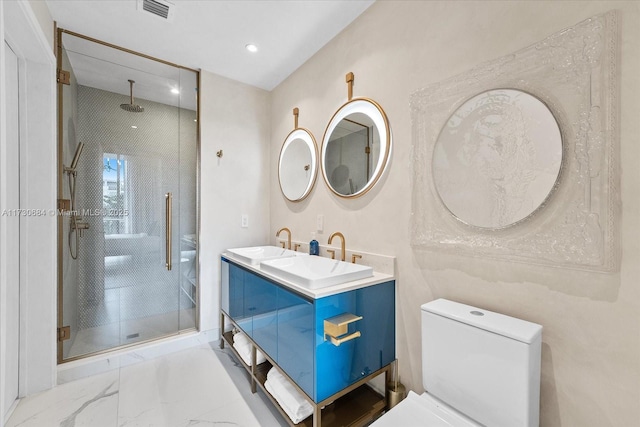 bathroom with a shower with door, toilet, and vanity