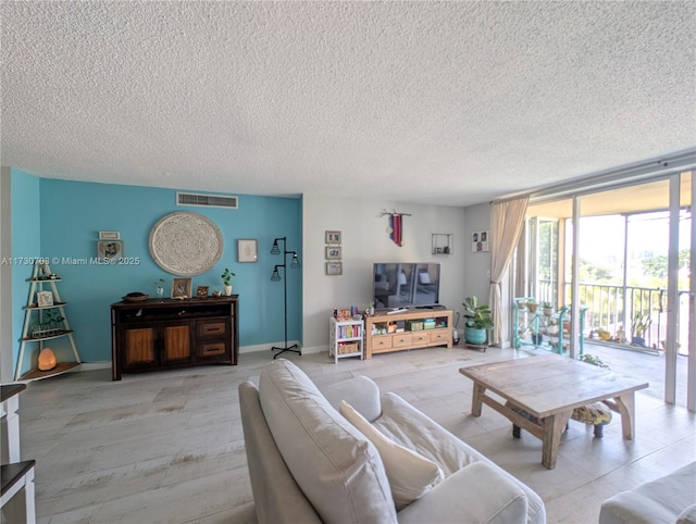 living room featuring a textured ceiling