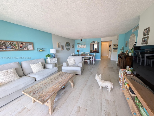 living room with wood-type flooring and a textured ceiling