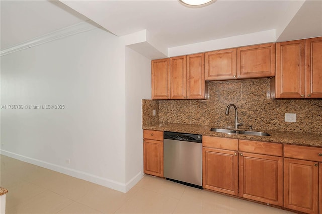 kitchen featuring brown cabinets, decorative backsplash, a sink, and dishwasher