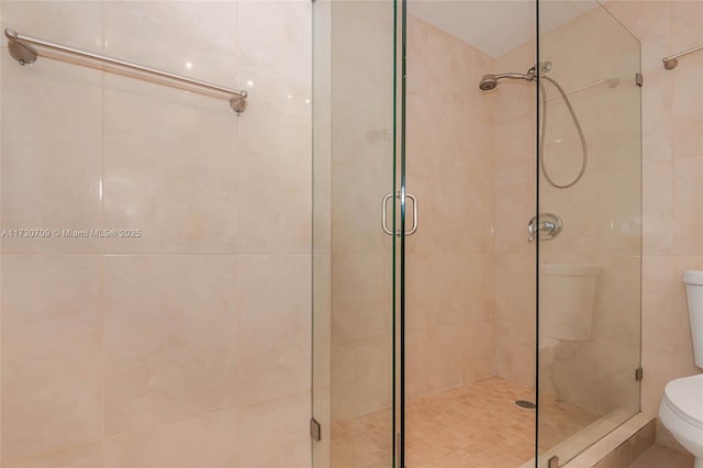 full bathroom with toilet and a shower stall