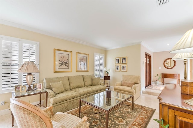 tiled living room with crown molding