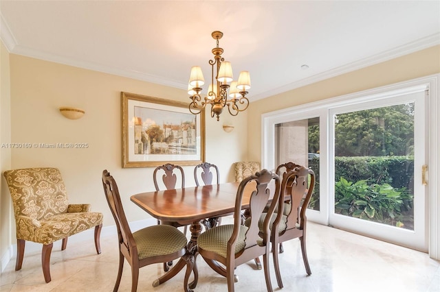 dining area featuring ornamental molding and an inviting chandelier