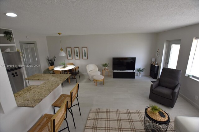 living room featuring a textured ceiling