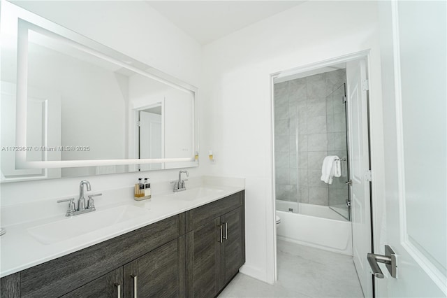 full bathroom with vanity, toilet, combined bath / shower with glass door, and tile patterned flooring