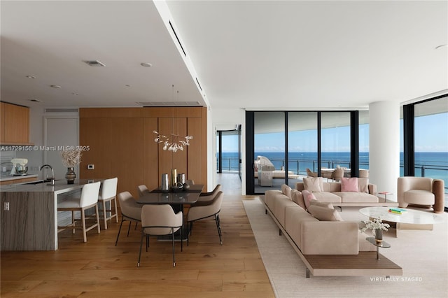 living room featuring a water view, expansive windows, sink, and light hardwood / wood-style flooring