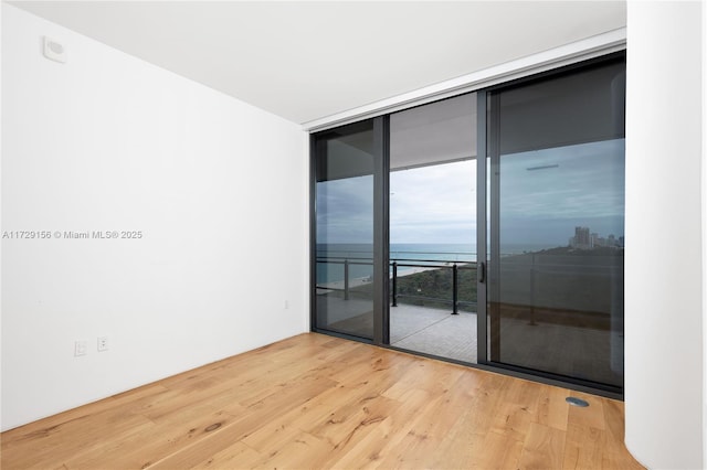 empty room with light wood-type flooring, expansive windows, and a water view