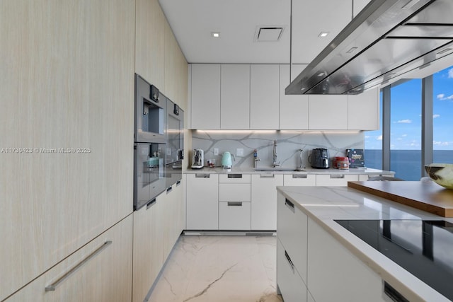 kitchen with sink, a water view, ventilation hood, black electric stovetop, and decorative backsplash