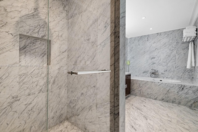 bathroom featuring crown molding and separate shower and tub