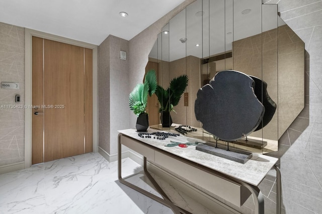 home office featuring tile walls